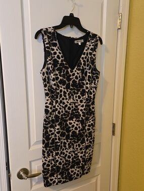 Jennifer Lopez Black and White Leopard Print Midi Dress